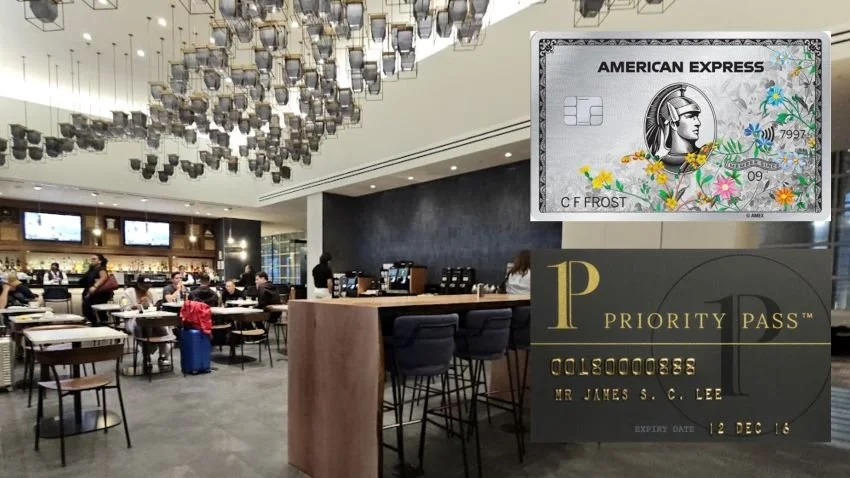 Bar Area at DCA Centurion Club Lounge with Amex Platinum and Priority Pass cards over it