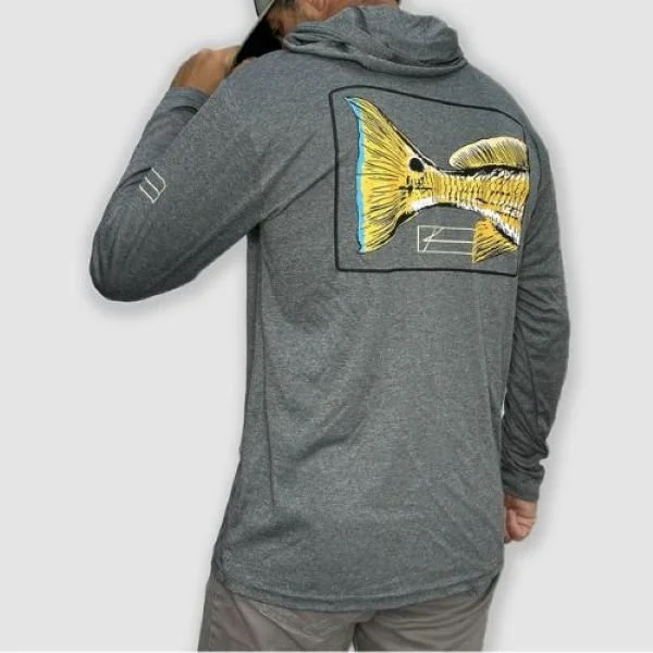 Gray sun protection fishing hoodie redfish tail