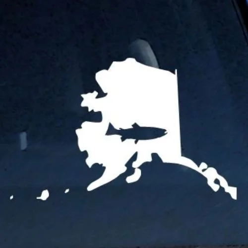 Decal white Alaska map silhouette with cut out rainbow trout