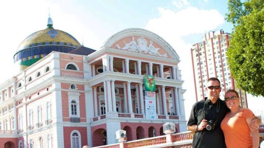 Tourists standing in front of Teatro Amazonas Manaus Brasil