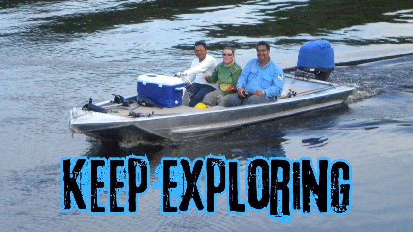 Riding in bass boat on Rio Caures Brazil
