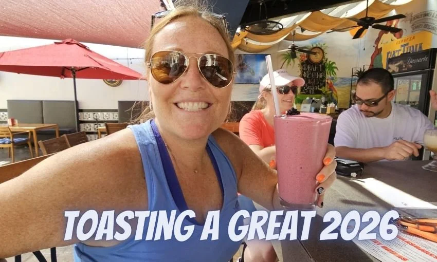 Hanna Robbins toasting 2026 at Cabo Marina