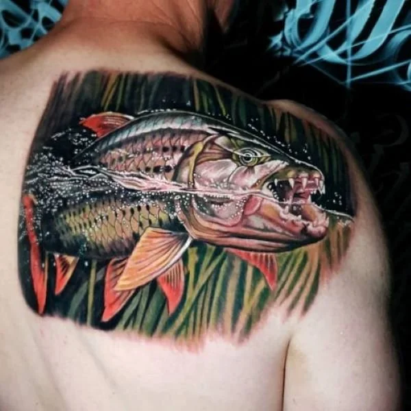 Full color tigerfish tattoo on back shoulder