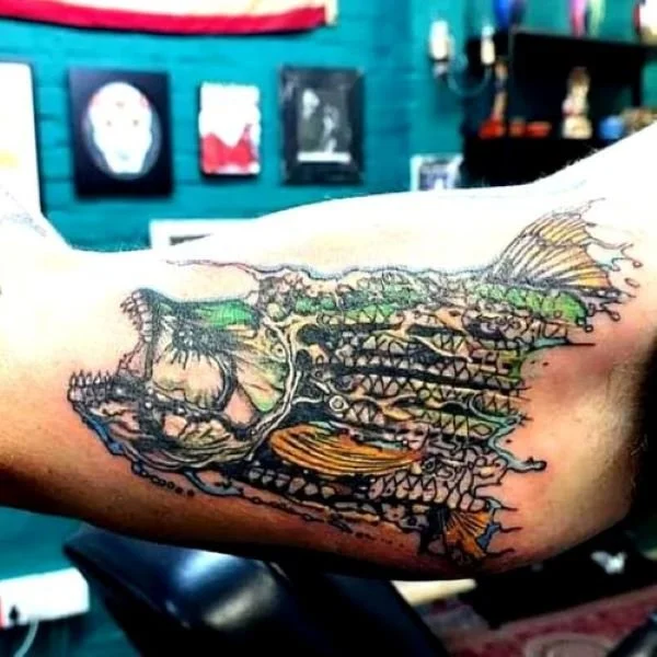 Gavin Erwin bicep tigerfish tattoo open mouth