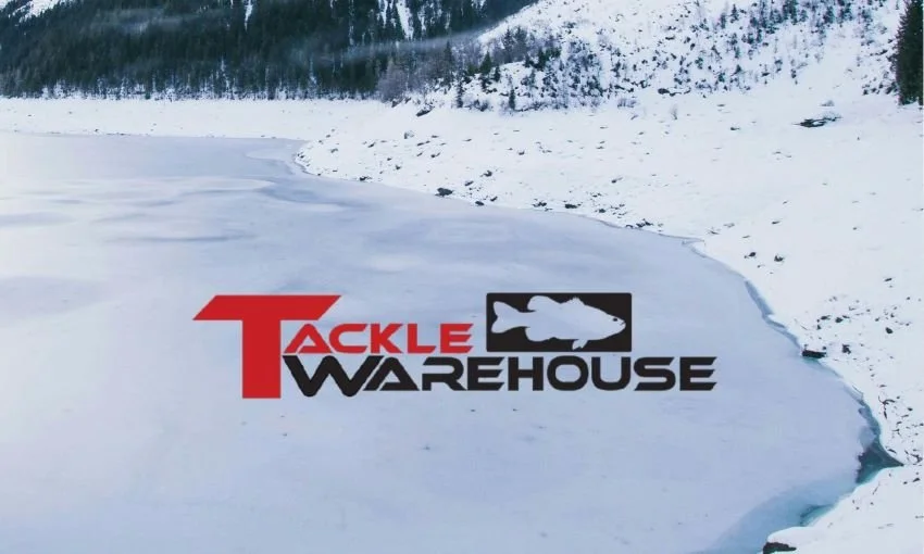 Tackle Warehouse logo on top of a frozen lake