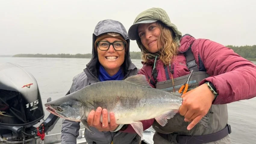 Hanna Robbins and guide Alyssa Stewart with pink salmon on Naknek River Aalska