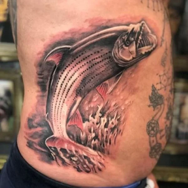 lifelike tattoo leaping tigerfish black and white
