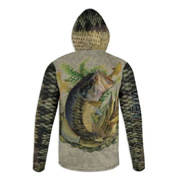 Wetlands USA leaping spotted bass SPF hooded fishing shirt