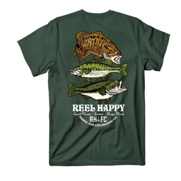 Reel Happy Fishing Company Stacked Bass t-shirt green