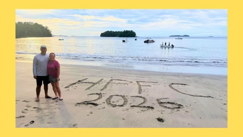 Half Past First Cast logo on beach on Isla Parida Panama