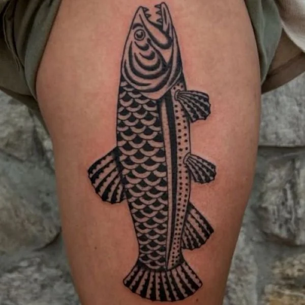 Tribal black and white trairao hoplias tattoo