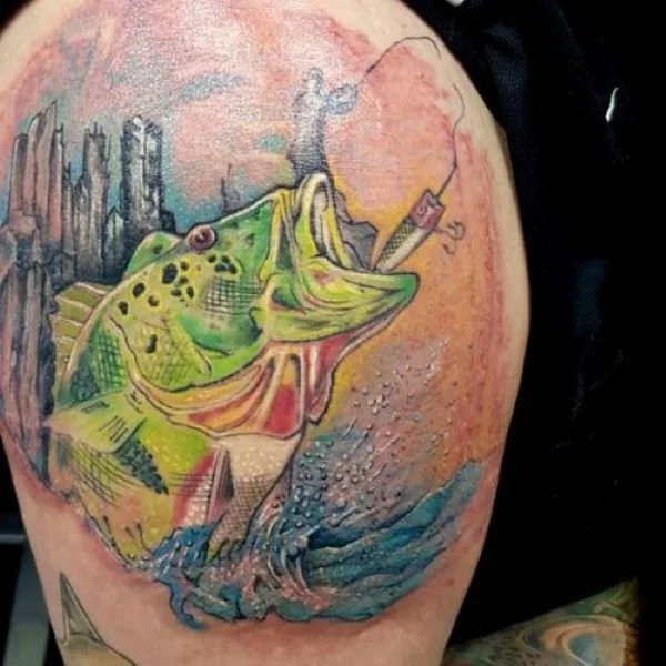 Tattoo peacock bass eating a topwater lure