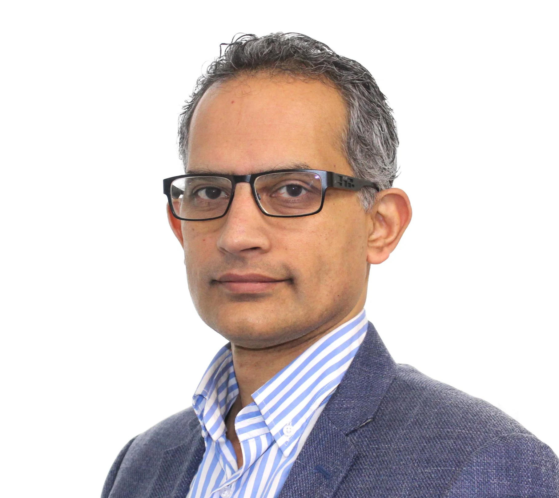 A professional man with glasses in a blue suit and striped shirt against a plain white background.
