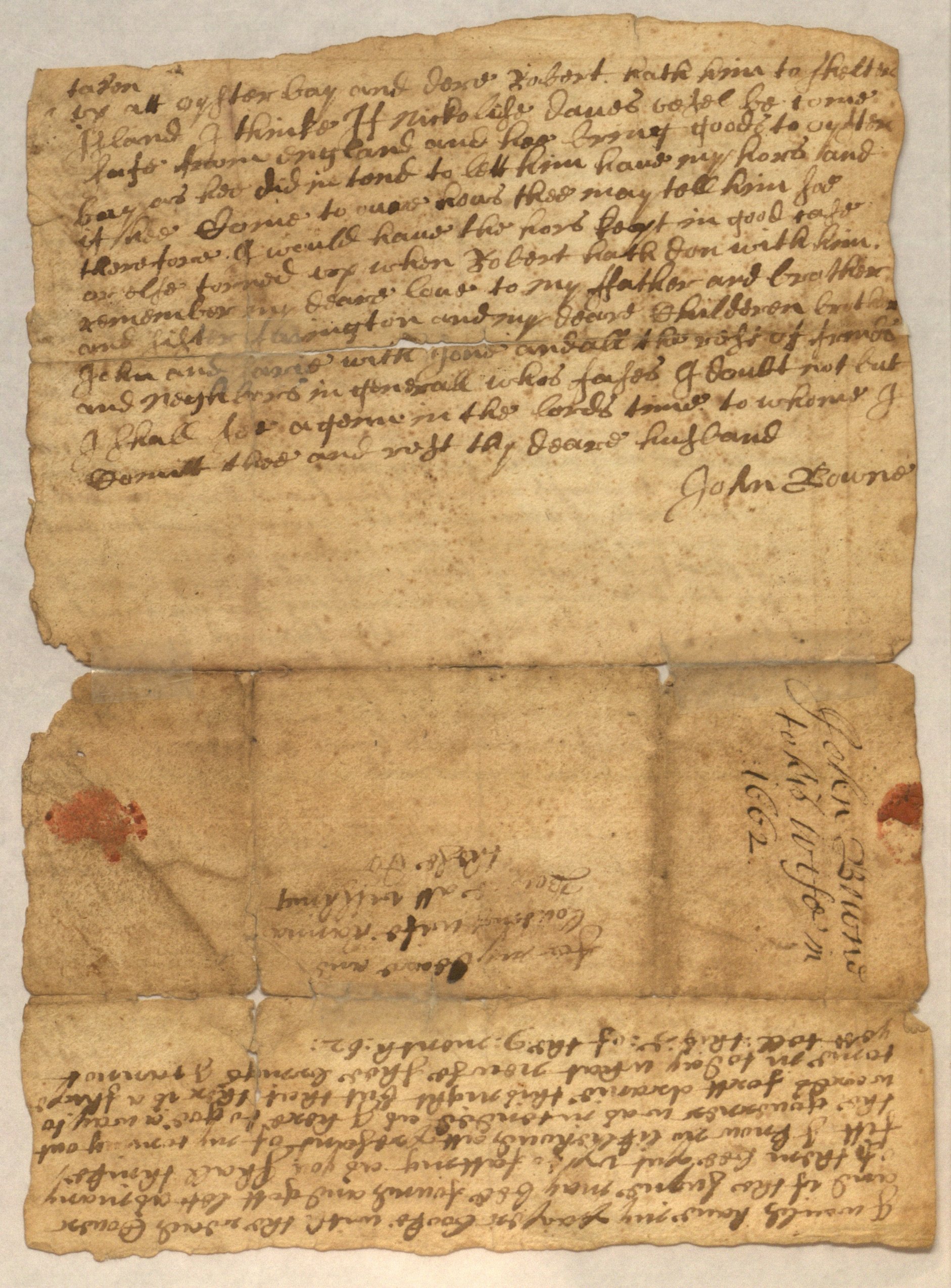 Letter, John Bowne to Hannah Bowne, Nov. 1662 (page 2)