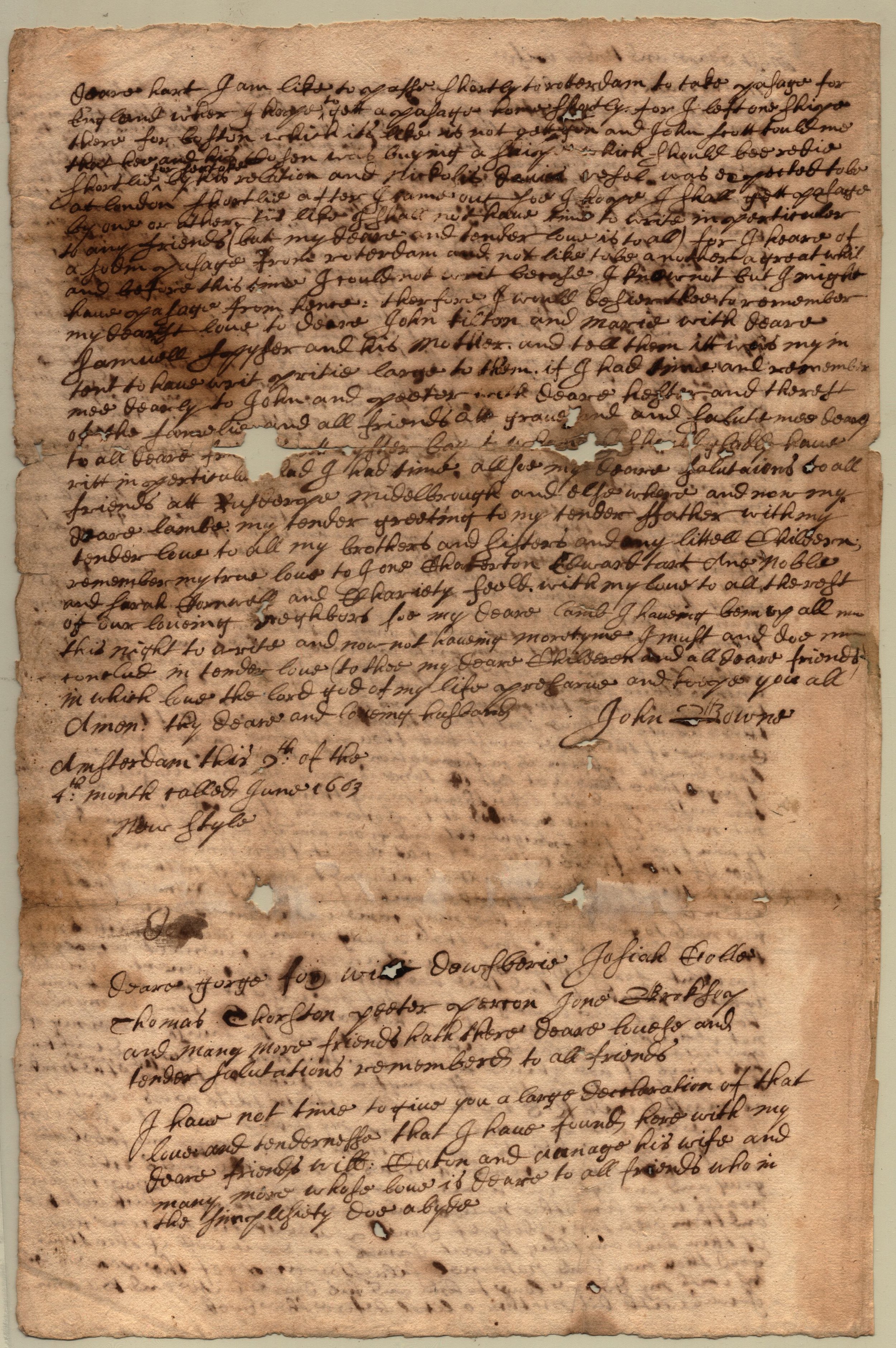 Letter, John Bowne to Hannah Bowne, June 1663 (page 2)