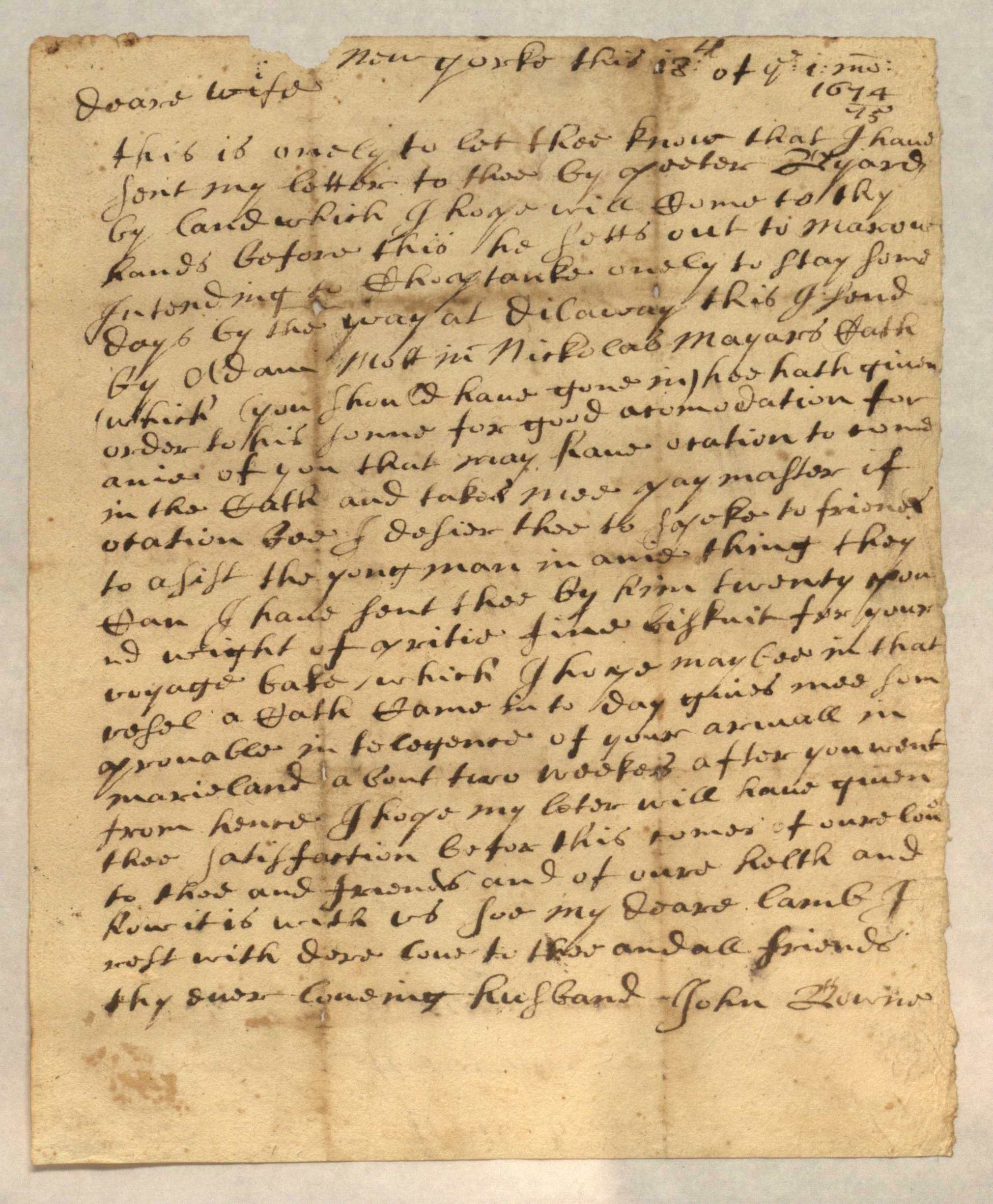 Letter, John Bowne to Hannah Bowne, March 1674/5 (page 1)