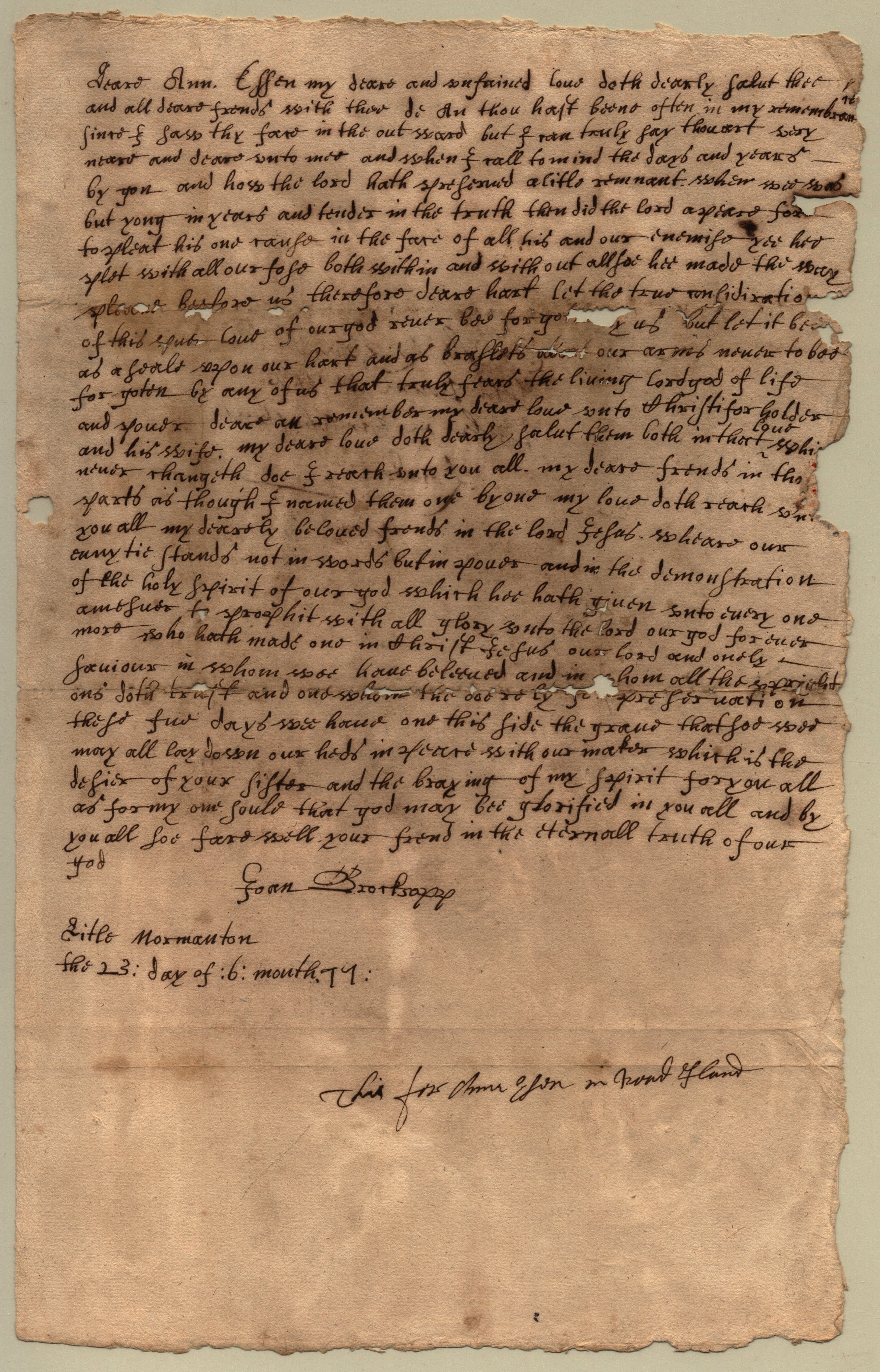 Letter, Joan Brocksopp to Ann Easton c/o John and Hannah Bowne, August/September 1677 (page 1)