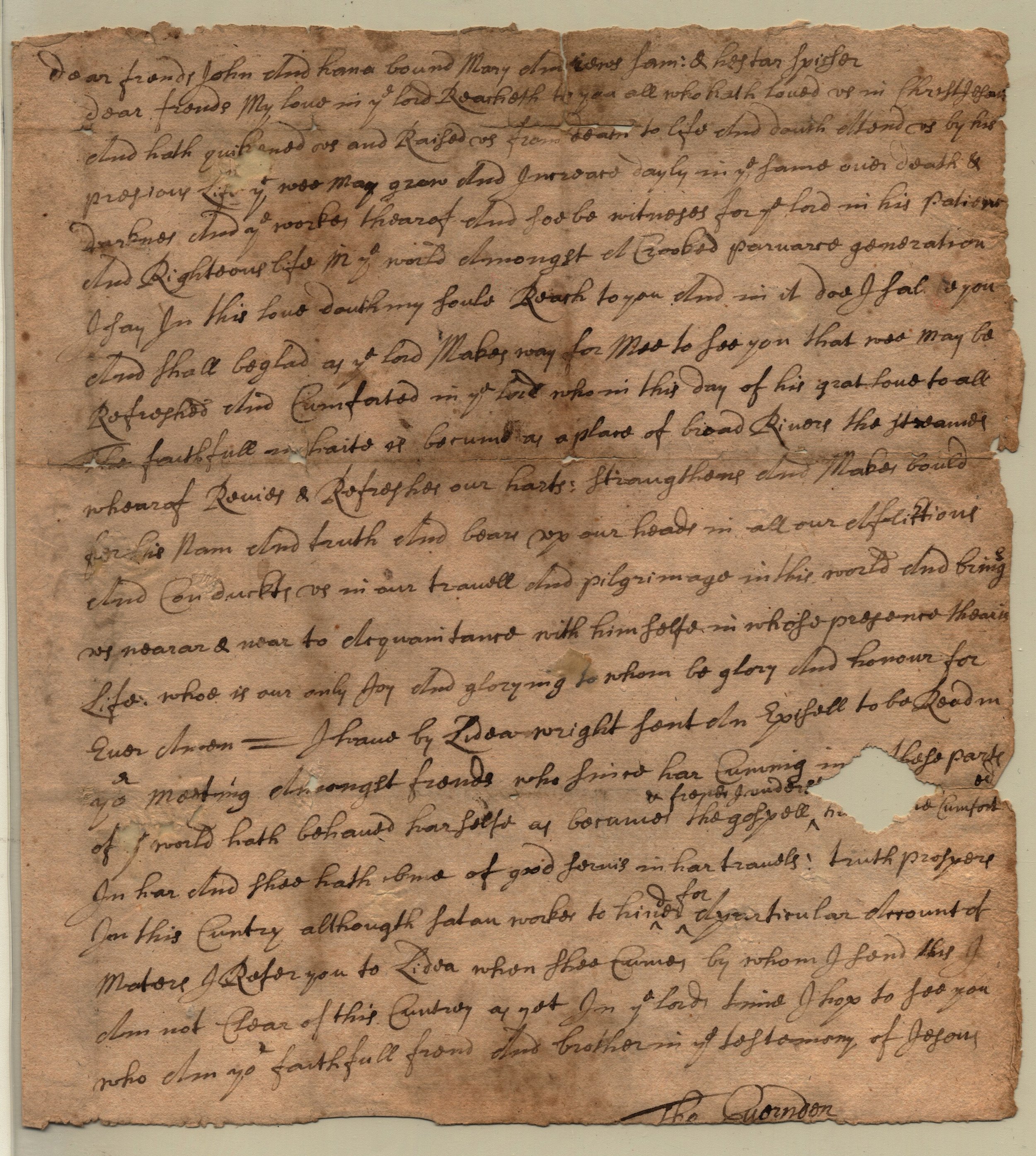 Letter, Thomas Evernden to John and Hannah Bowne and others, no date (page 1)
