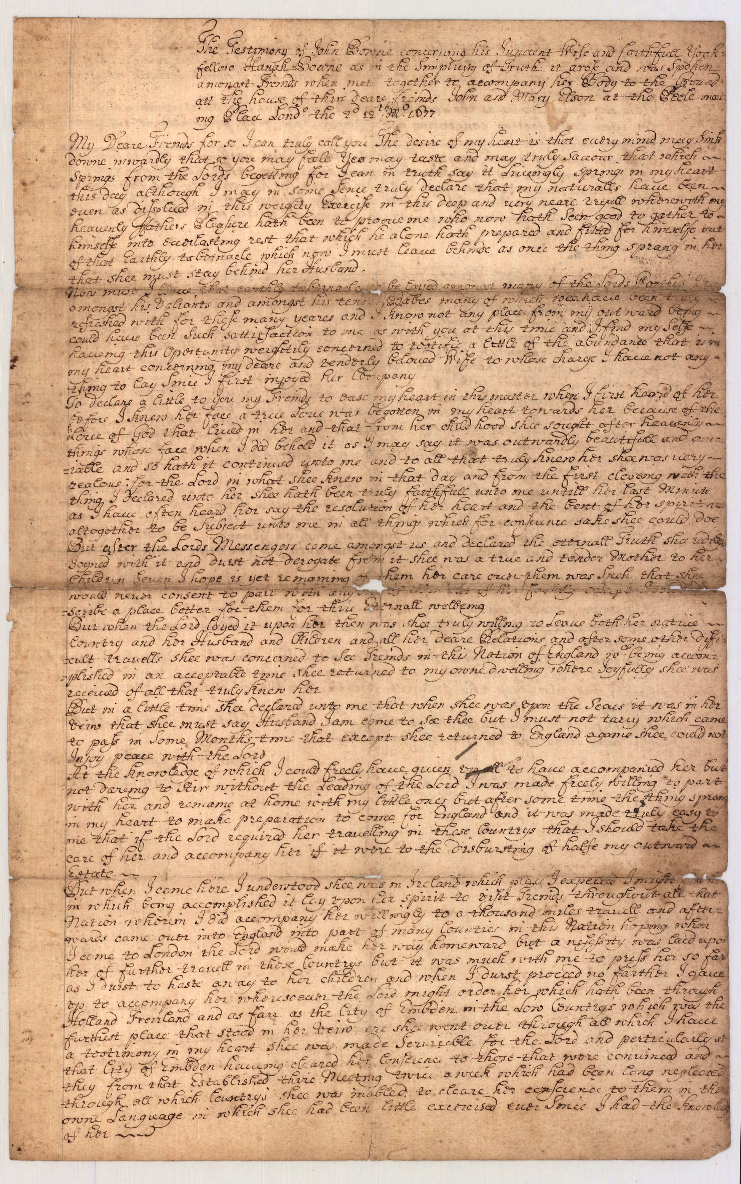 Testimony of John Bowne for Hannah Bowne, 1677/8 (page 1)