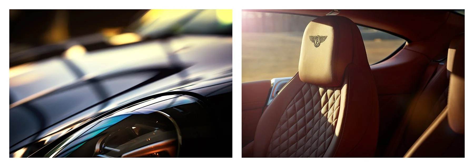 Close-up commercial photographs of a dark Bentley showing reflections across the hood and headlight and a quilted leather interior seat with the Bentley emblem.