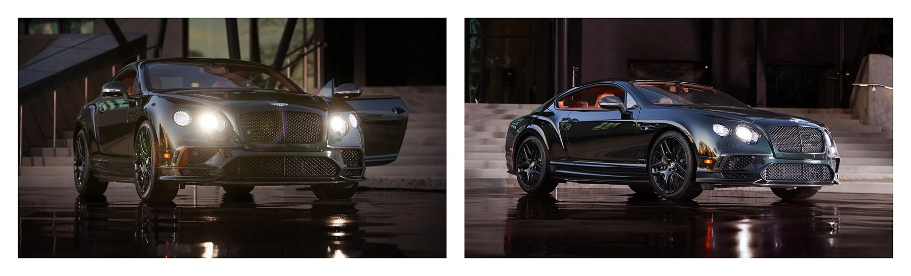 Two commercial photographs of a dark luxury coupe photographed on wet pavement outside a modern building, showing front and three-quarter views with dramatic exterior lighting.