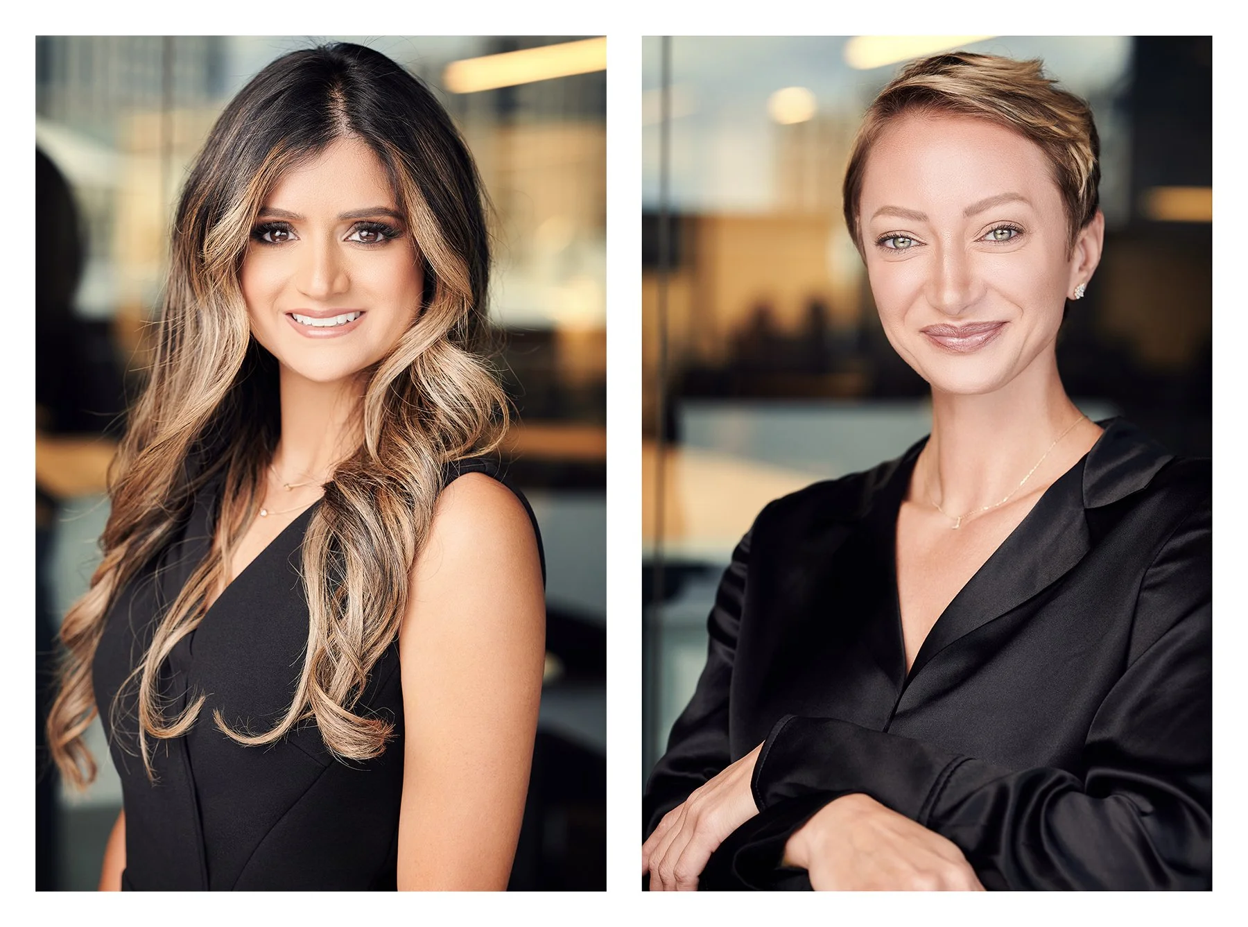 Professional headshots of two women photographed individually in modern office environments with polished, approachable expressions for business and professional use.