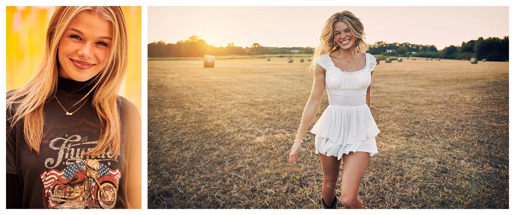 Senior portrait collage featuring a close-up in a casual graphic shirt and a smiling high school senior in a white dress walking through a field at sunset in Peachtree City, Georgia.
