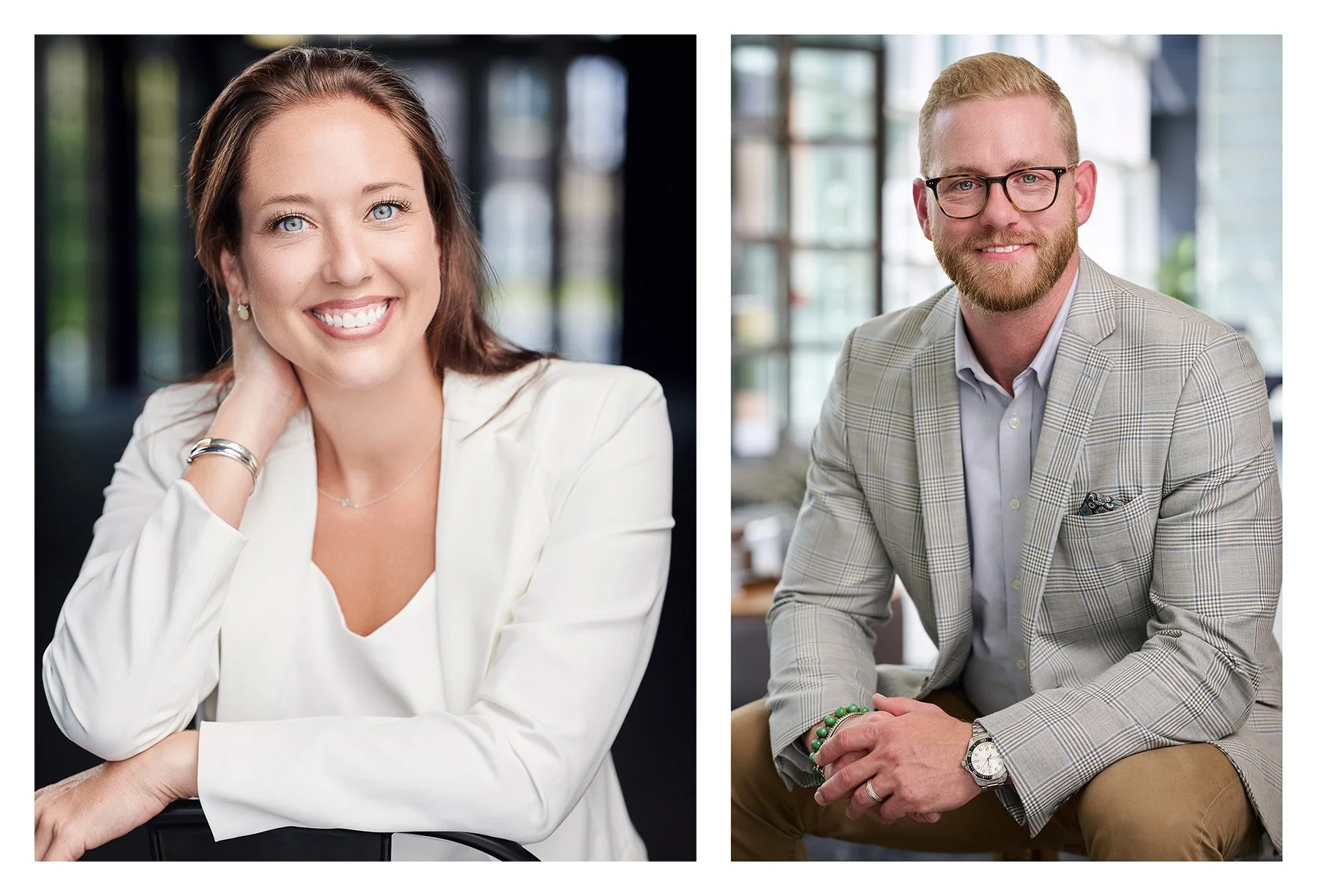 Professional headshots of a female executive in a white blazer and a male executive in a gray sport coat, photographed in modern office environments with polished, approachable expressions.