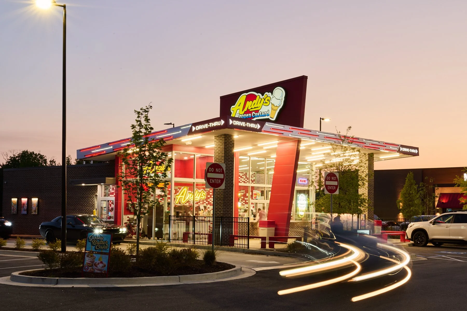 Exterior brand content photo of Andy’s Frozen Custard in Fischer Crossing Sharpsburg at dusk by South Atlanta Photography