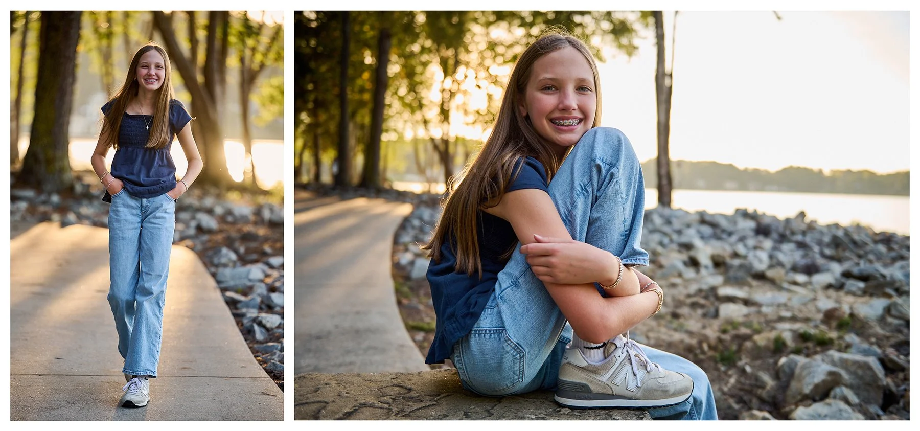 Two relaxed portraits of Scarlett during her 12th birthday session, including a full-length walking portrait and a seated portrait beside the lake in warm evening light.