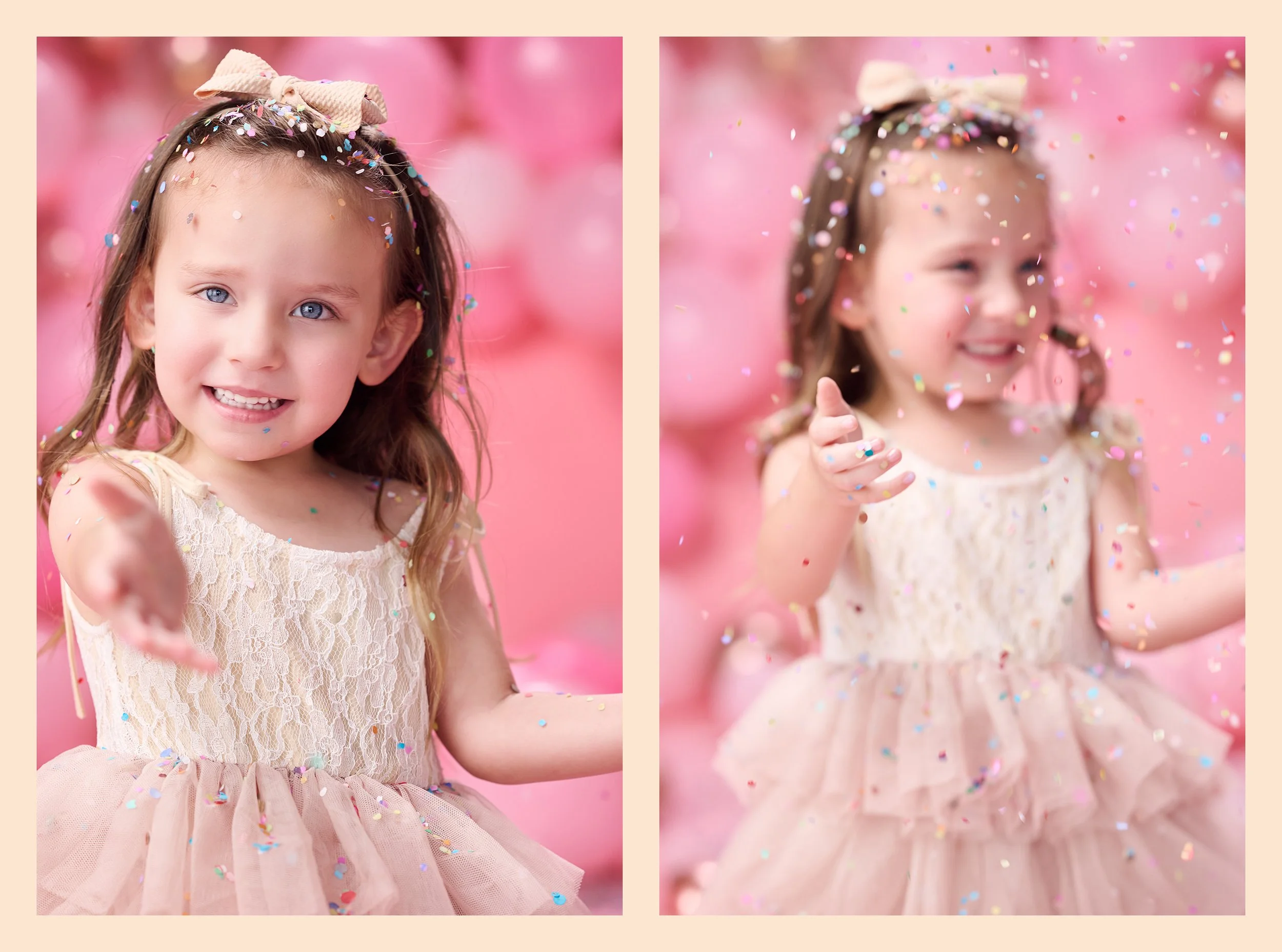 Four-year-old girl smiling and playing with colorful confetti against a pink birthday backdrop in two close-up portraits from her fourth birthday photo session.