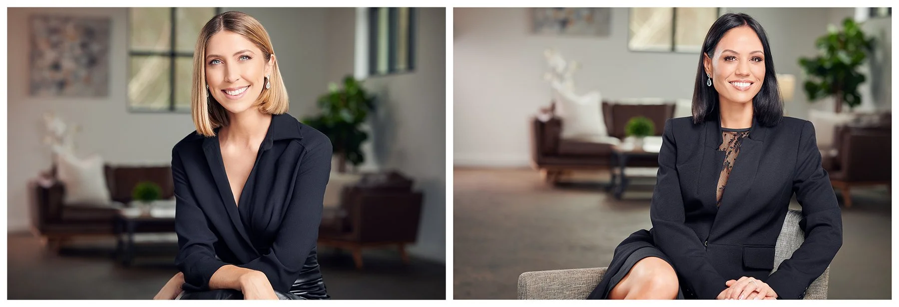 Collage of polished professional portraits of two Intown Collective real estate professionals photographed in a styled modern interior in Atlanta, Georgia.