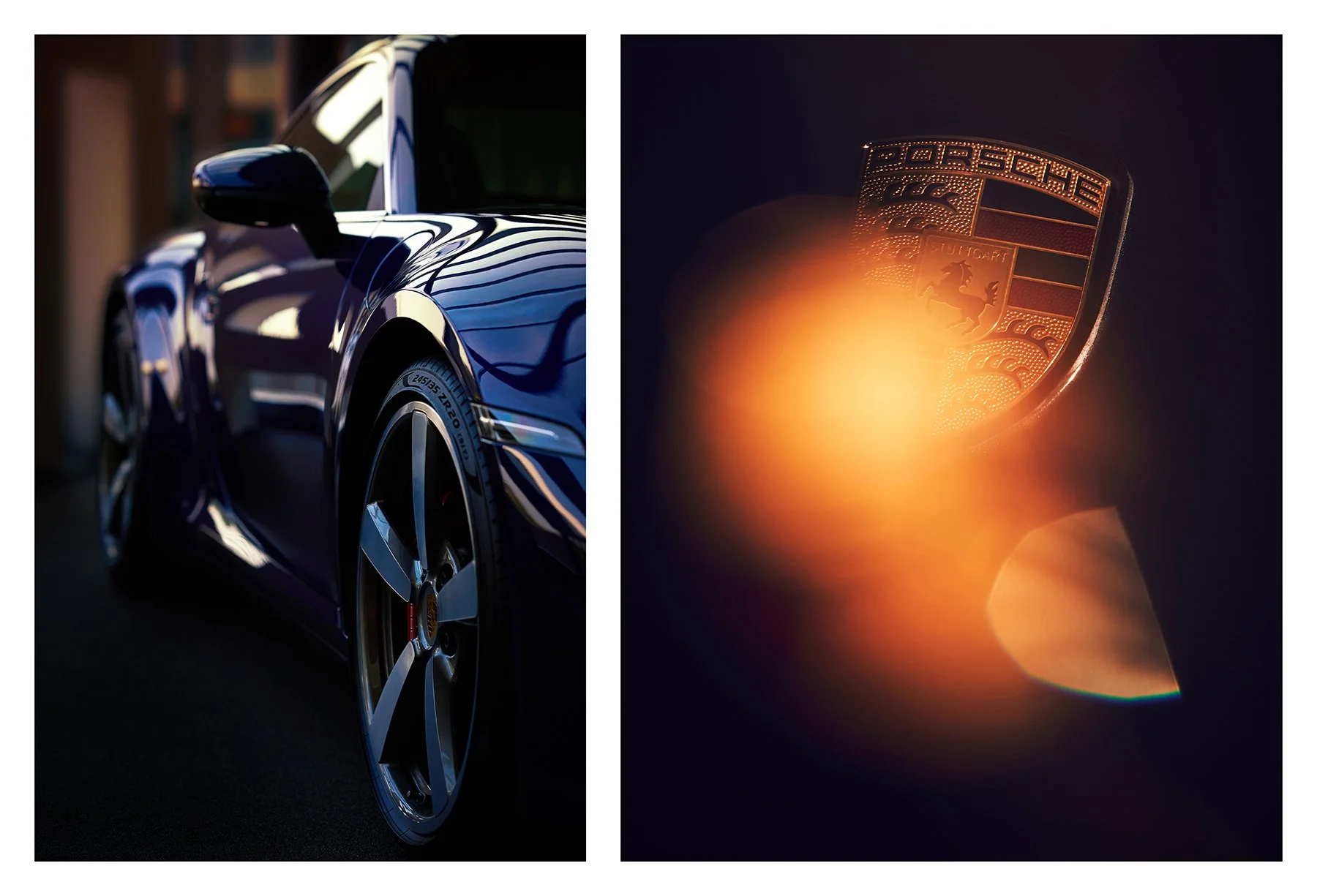 Luxury car details in moody light. Highlights on polished dark paint. Porsche emblem with beautiful lens flare.
