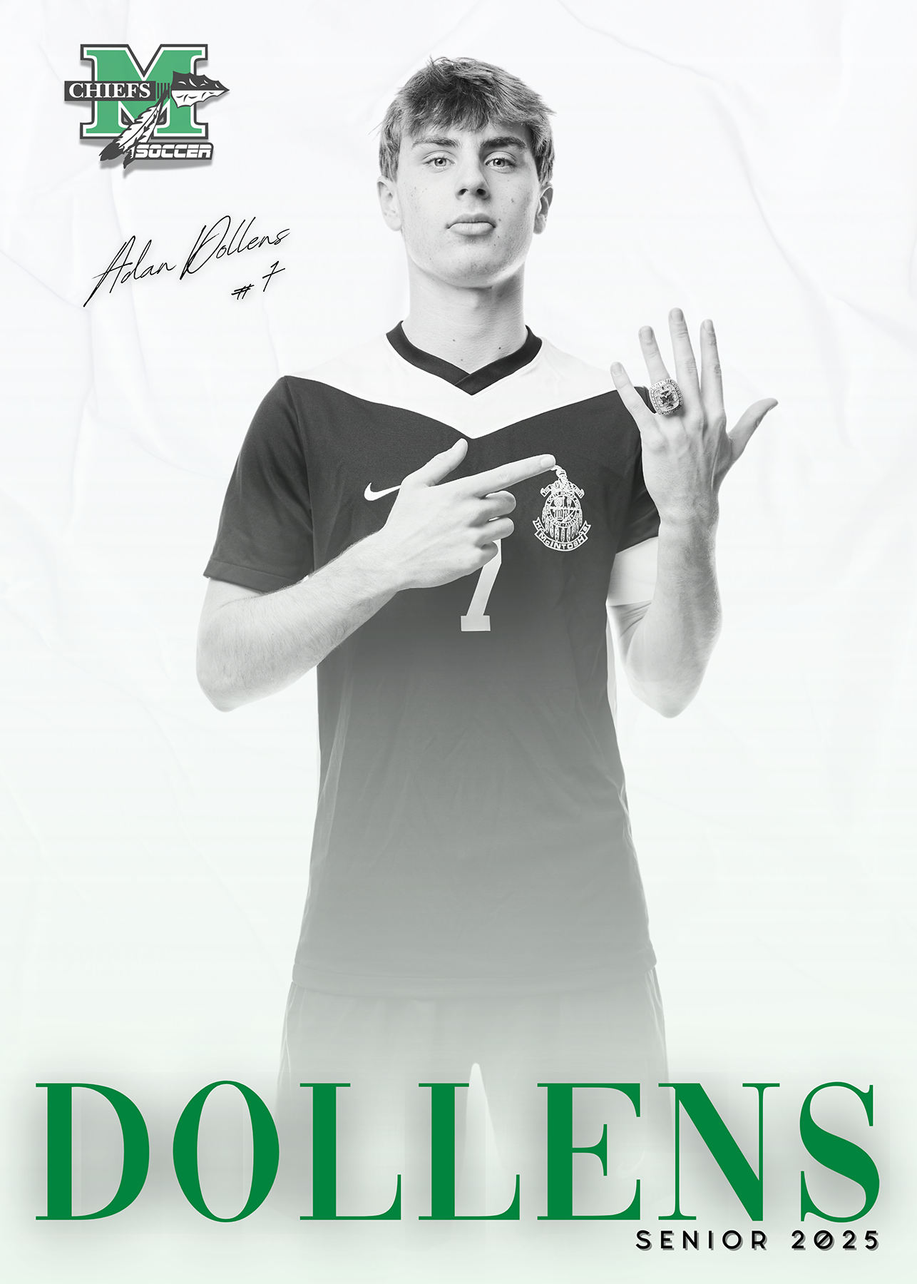 Peachtree City Boys Soccer Senior Media Day Portrait | South Atlanta Photography
Black-and-white media day portrait of a male McIntosh high school soccer player wearing number 7 and posing against a clean white background in Peachtree City, Georgia.