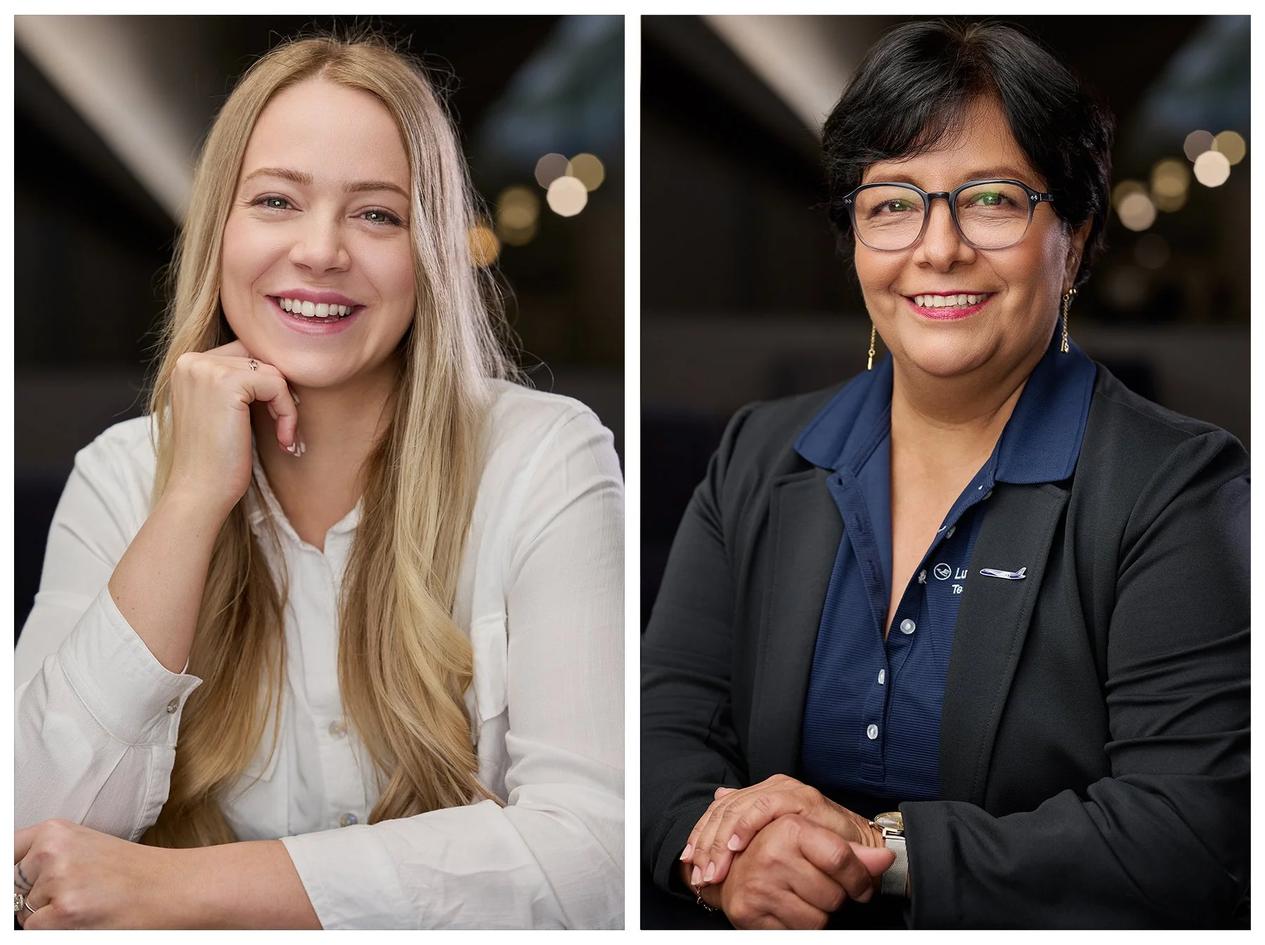 Collage of business-casual corporate portraits featuring two smiling women photographed during a Lufthansa Cargo AG professional headshot session in Peachtree City, Georgia.