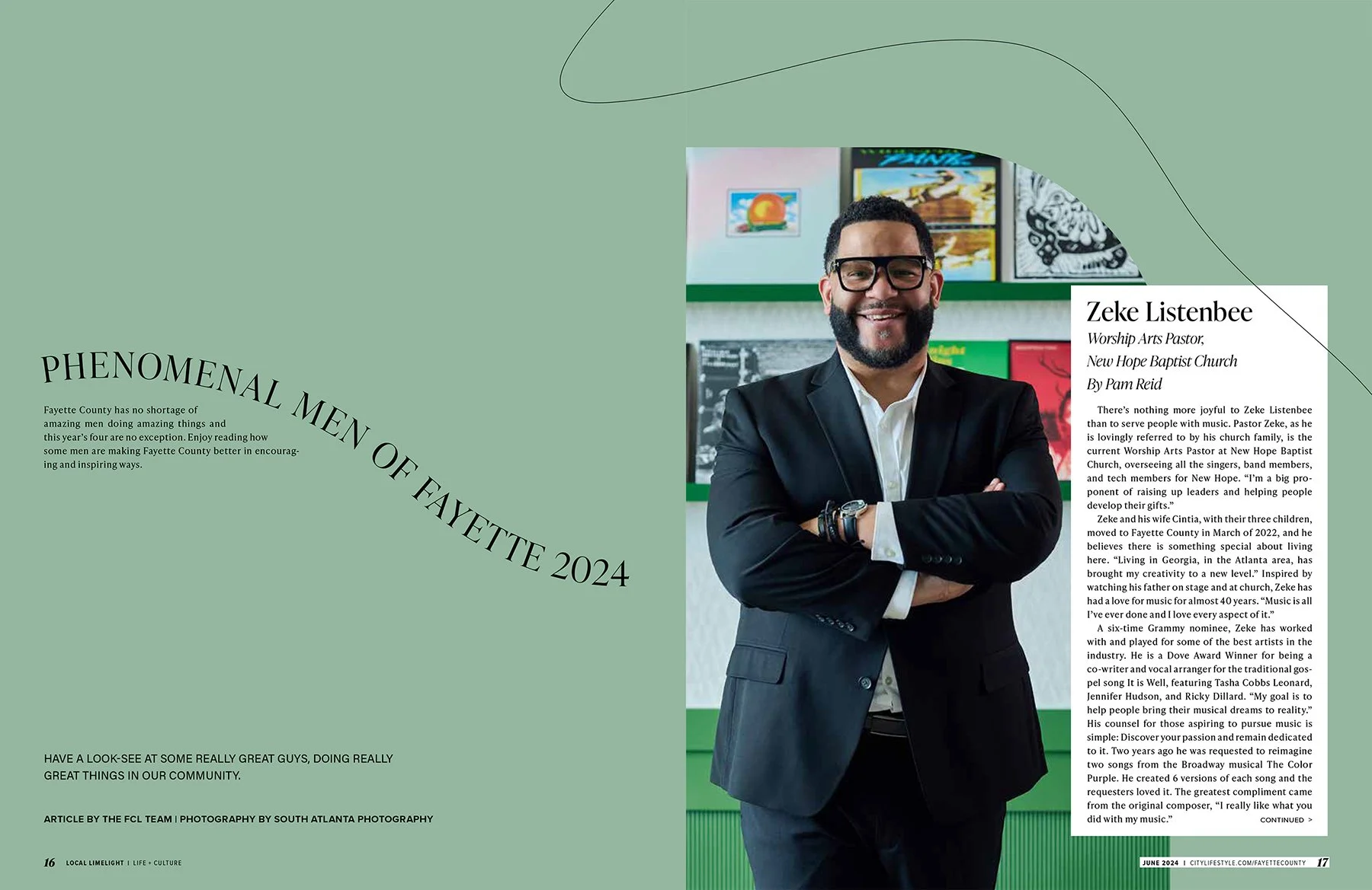 Fayette County Lifestyle magazine spread from the “Phenomenal Men of Fayette 2024” feature, showing an editorial portrait of Zeke Listenbee in a black suit and glasses.