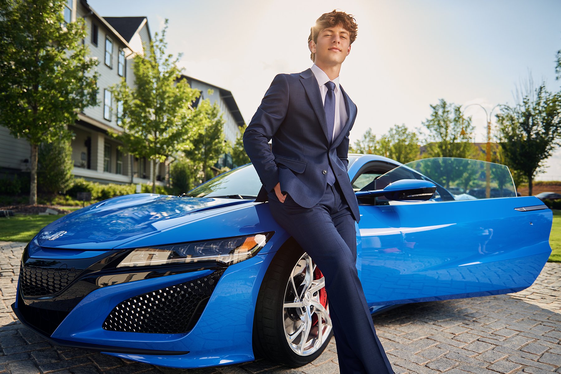 Peachtree City Senior Guy Car Portrait | South Atlanta Photography
Senior guy wearing a navy suit posing beside a blue sports car during a custom senior portrait session in Peachtree City, Georgia. Trilith