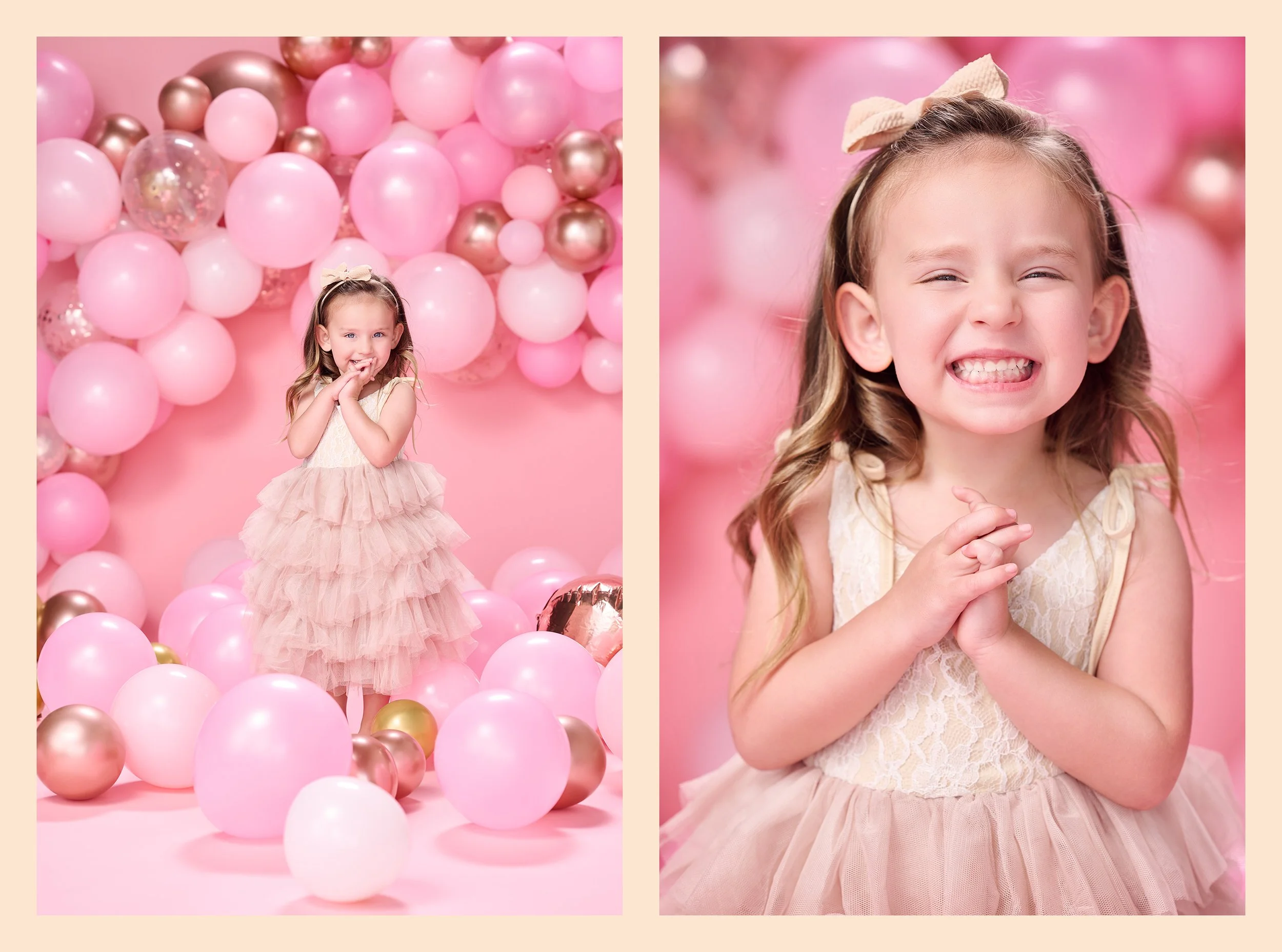 Four-year-old girl photographed in a pink and white dress against a playful pink balloon backdrop, shown in both a full-length birthday portrait and a close-up smiling portrait.