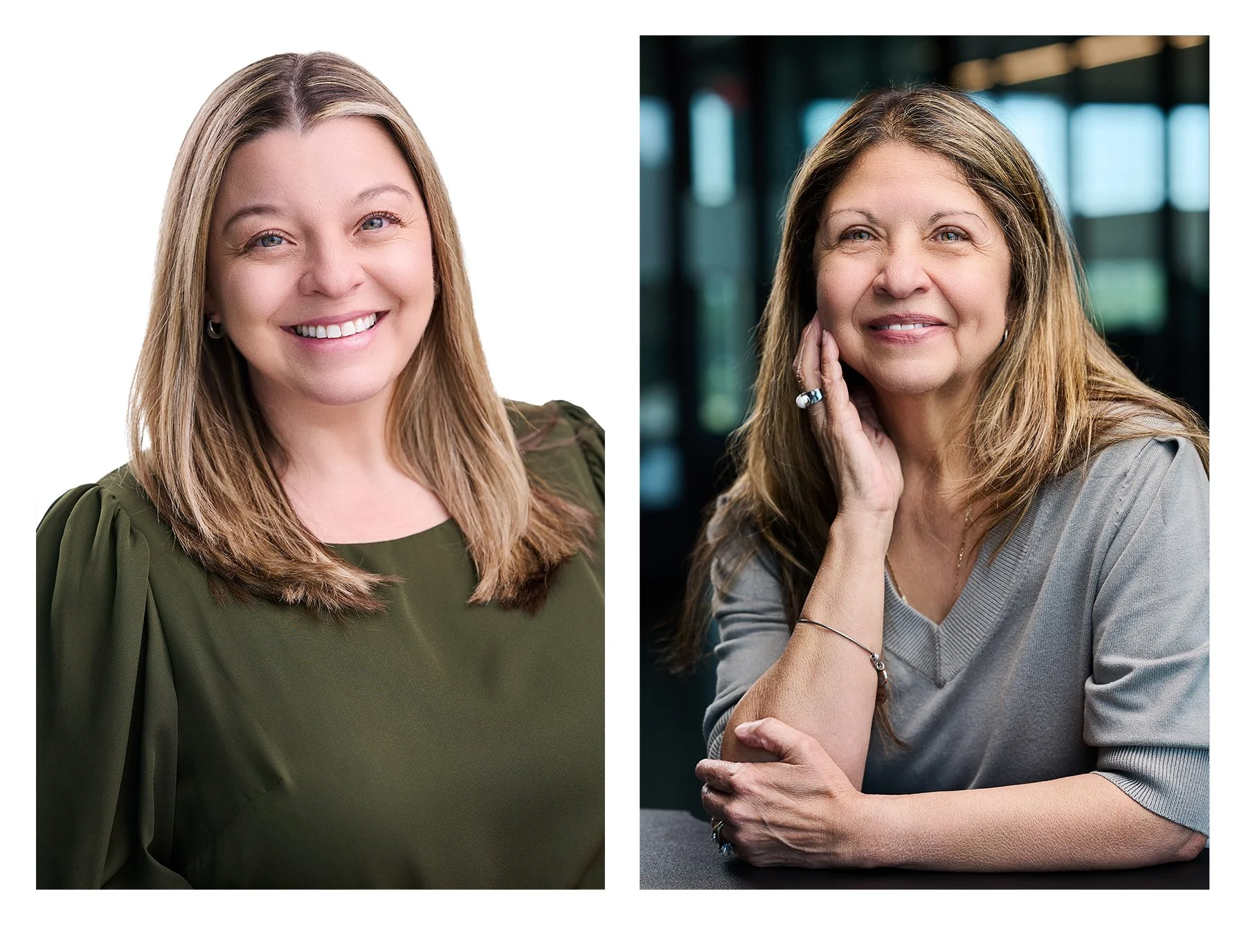 Professional headshots of two business team members photographed in coordinated white-background and modern office styles for consistent company branding across websites, LinkedIn, and marketing.