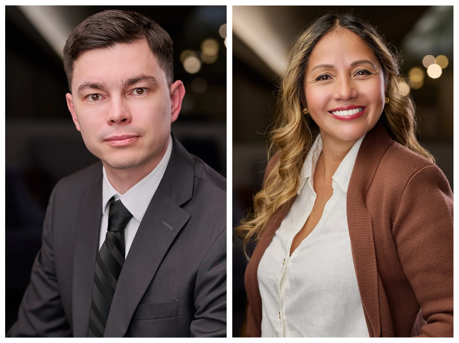Collage of professional corporate headshots featuring a man in a dark suit and a smiling woman in a brown blazer photographed for Lufthansa Cargo AG in Peachtree City, Georgia.