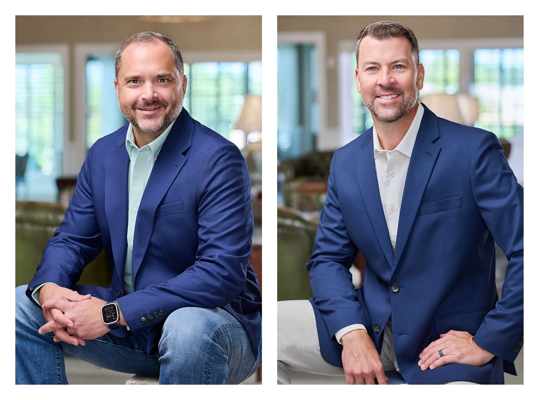 Two male business professionals photographed individually in blue blazers in modern office environments for polished executive headshots and professional portraits.