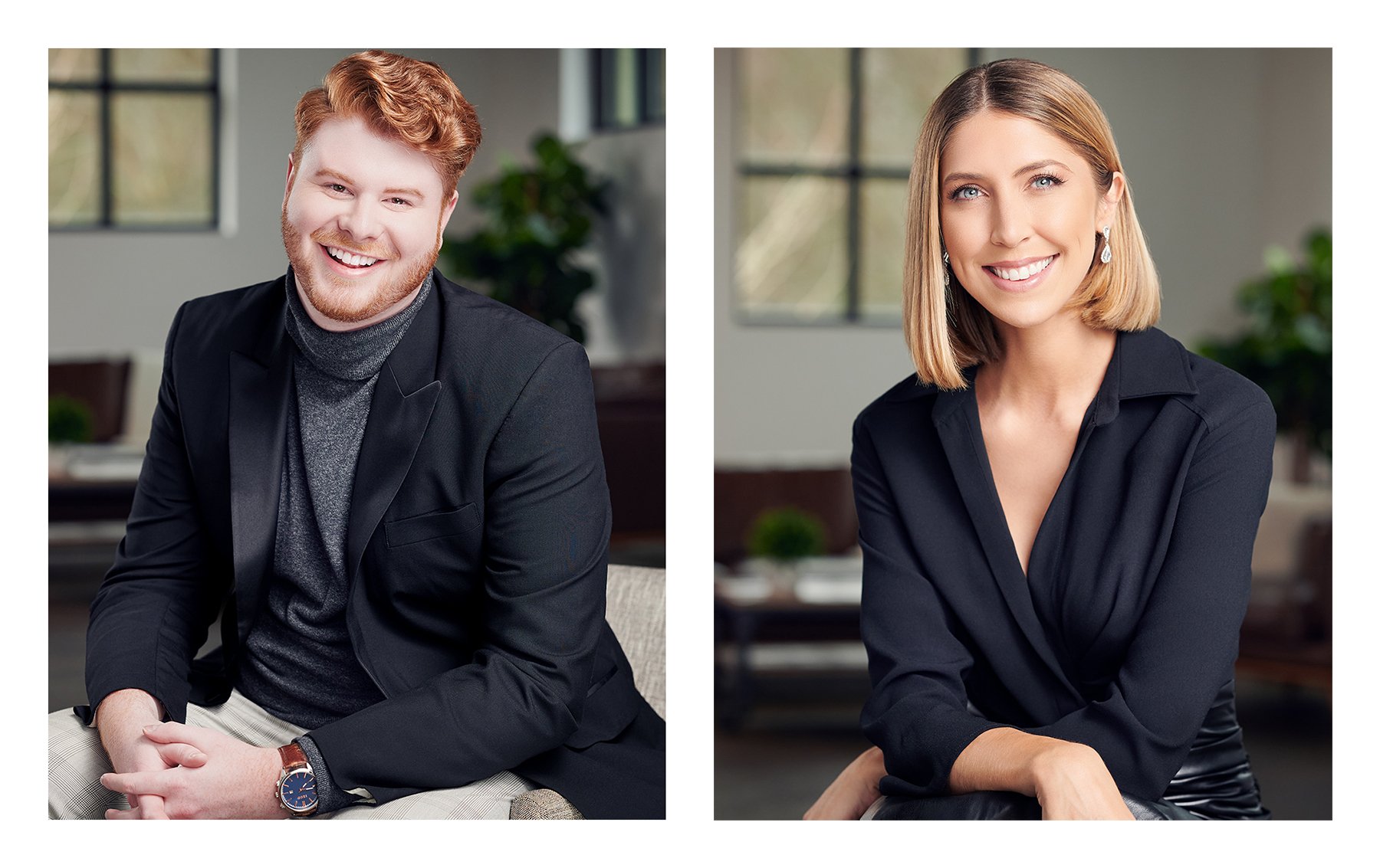 Professional headshots of a male and female business professional photographed in a modern office environment with polished, approachable expressions.