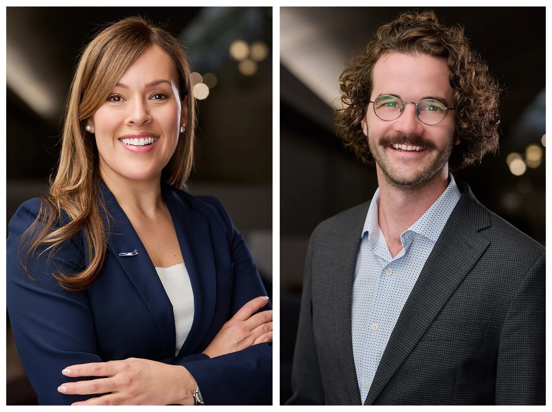 Collage of confident professional portraits featuring two Lufthansa Cargo AG team members in business attire photographed during a corporate headshot session in Peachtree City, Georgia.