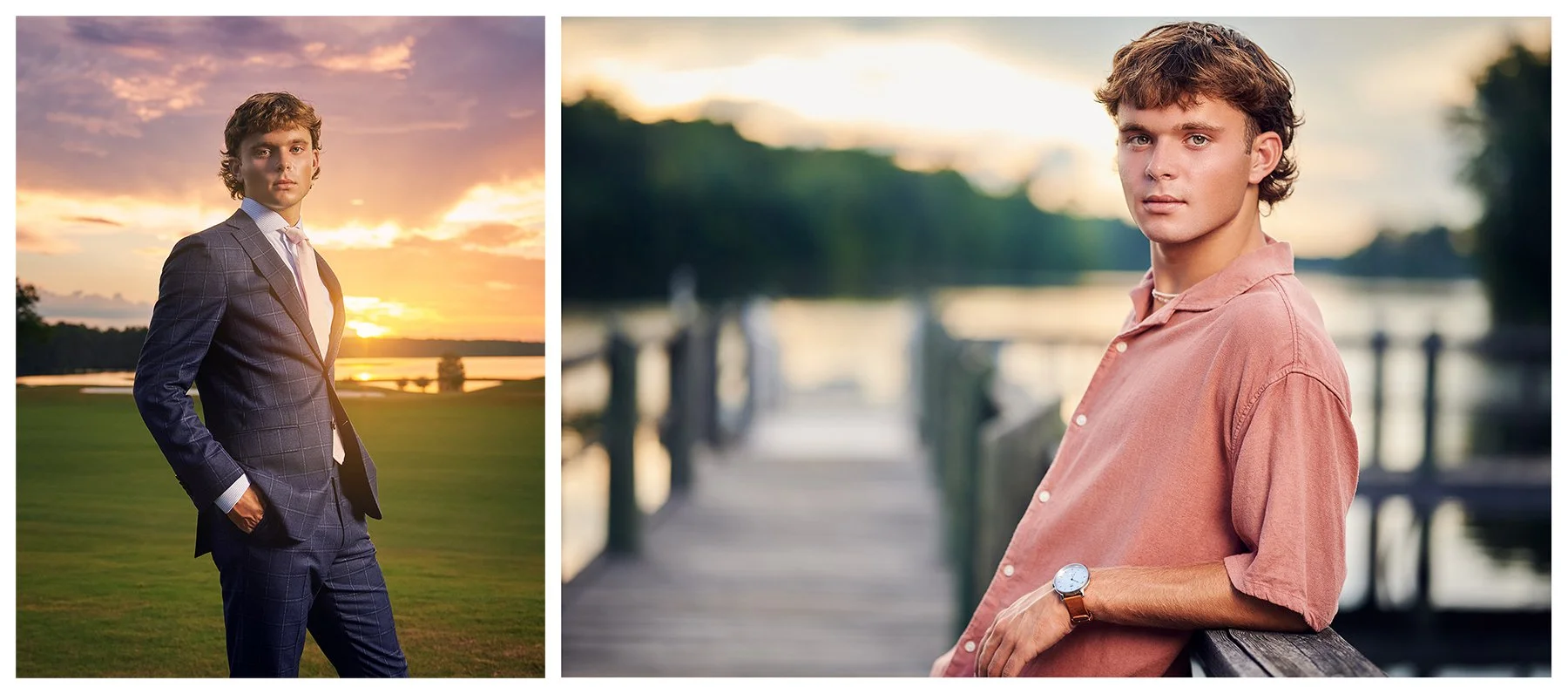 High school senior guy photographed in a blue suit at sunset and in a casual pink shirt beside a lakeside dock during a senior portrait session in Peachtree City, Georgia.