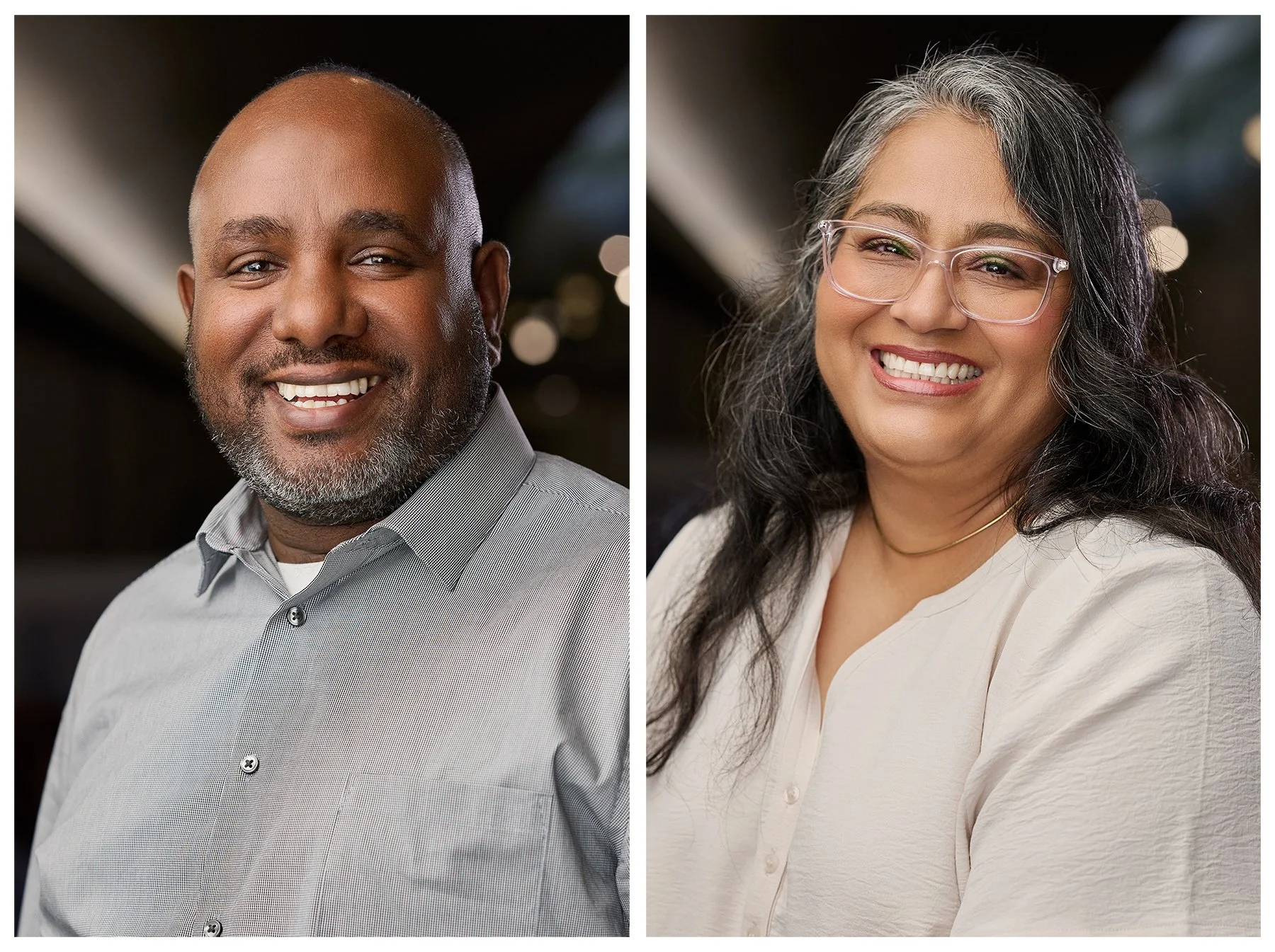 Collage of professional headshots featuring a smiling man in a gray shirt and a woman with glasses photographed for Lufthansa Cargo AG during a corporate retreat in Peachtree City, Georgia.  Collage 4