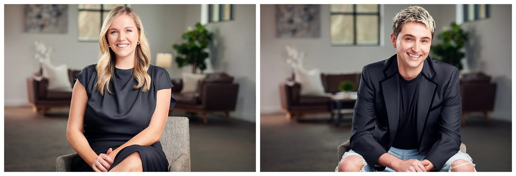 Collage of contemporary business-casual headshots featuring two Intown Collective team members photographed in a modern residential-inspired setting in Atlanta, Georgia.