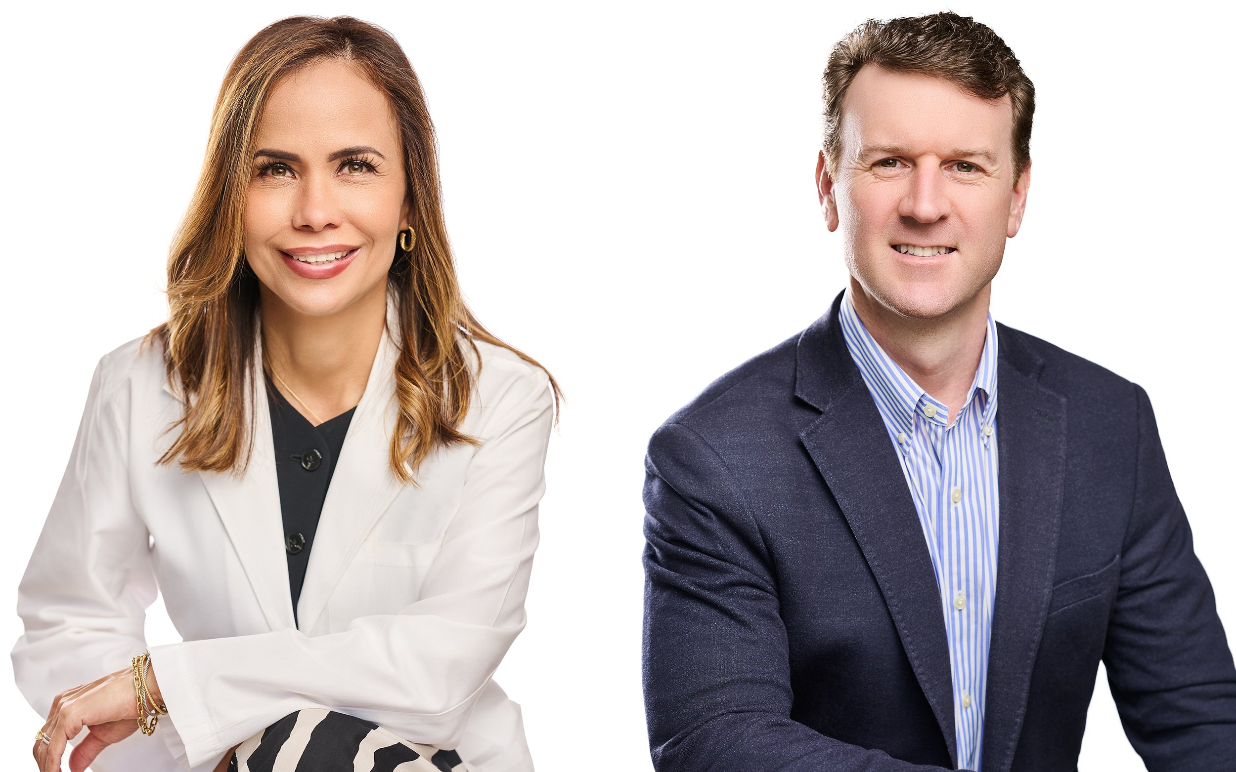 Professional headshots of a female physician and male business professional photographed individually against a clean white background for polished business portraits.