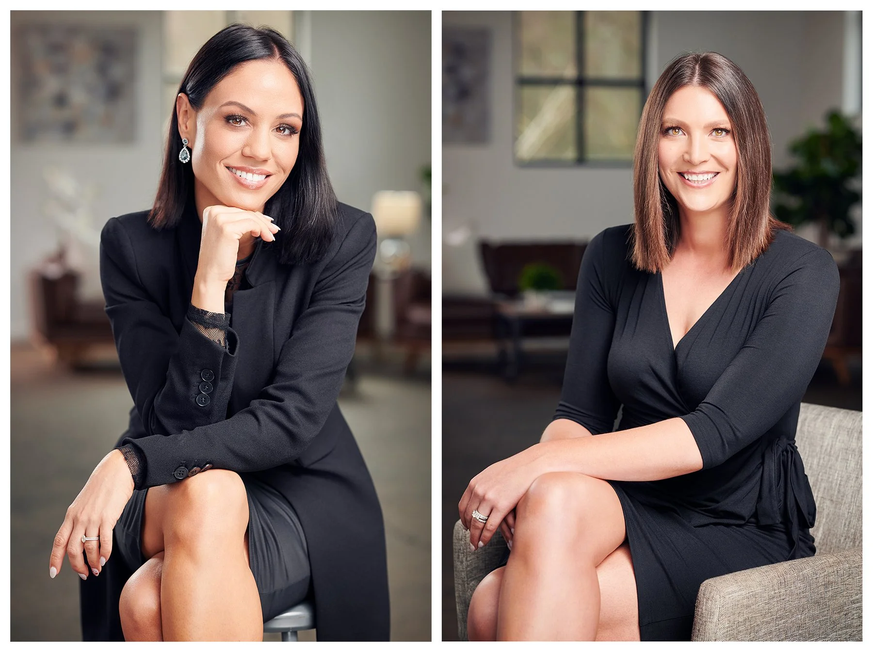 Collage of modern professional portraits of two women from the Intown Collective real estate team photographed in a styled interior at Treehouse Studios in Atlanta, Georgia.