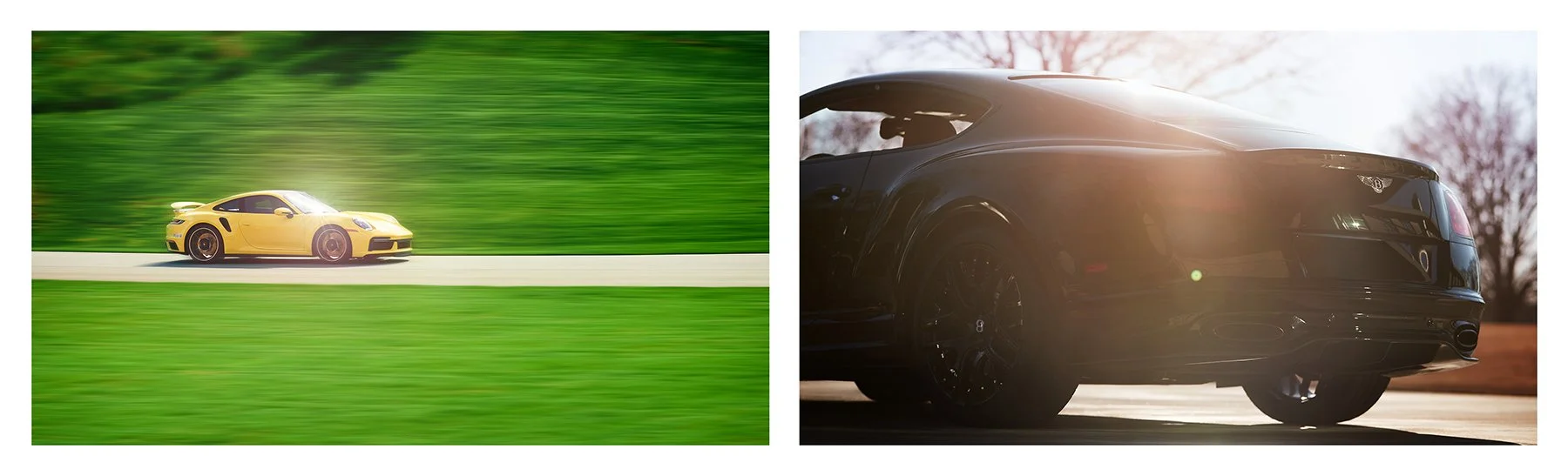 Luxury automotive photographs showing a yellow Porsche driving at speed and a dark Bentley photographed from the rear in warm sunlight for commercial and marketing use.