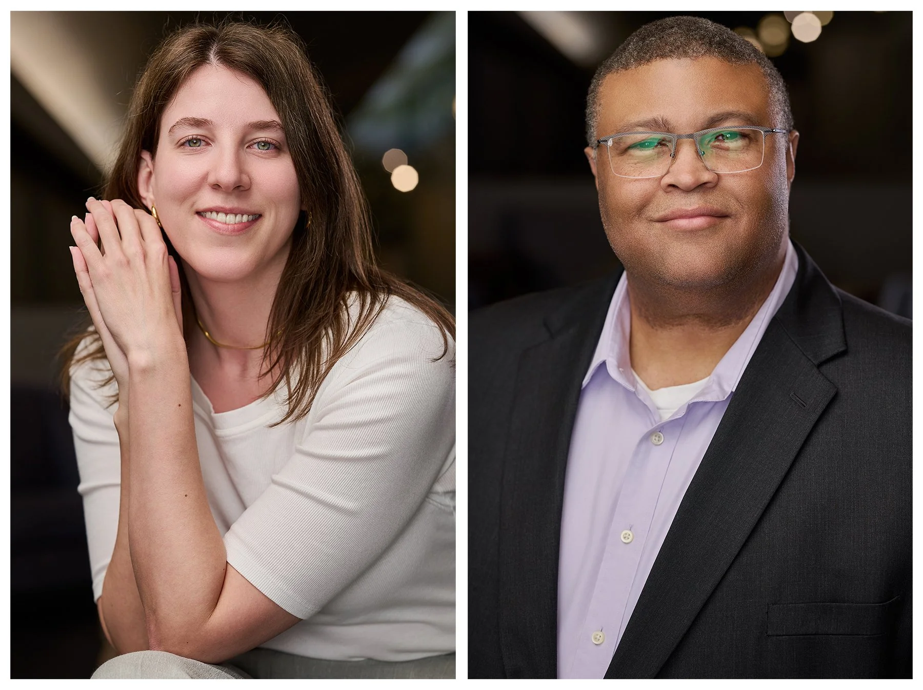 Collage of corporate business portraits featuring a woman in a white top and a man in a dark blazer photographed during a professional headshot session in Peachtree City, Georgia.